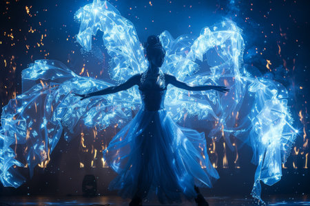 A woman is standing in front of a blue background with many butterflyの素材