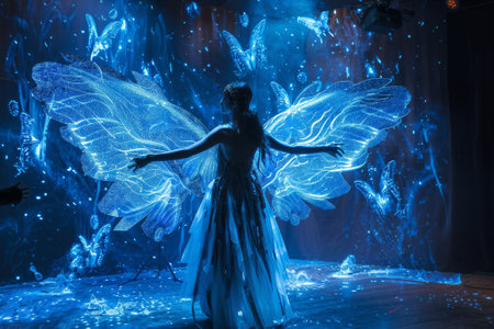 A woman is standing in front of a blue background with many butterflyの素材