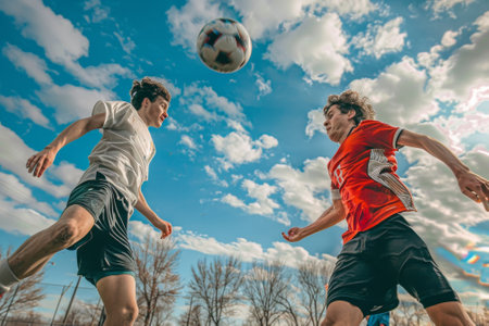Two soccer players are playing a game of soccer in a fieldの素材