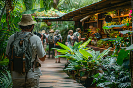 A group of people are hiking through a forestの素材