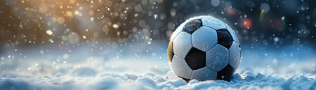 A soccer ball or football is sitting in the snowの素材