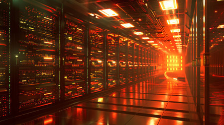 A computer room with many servers and lightsの素材