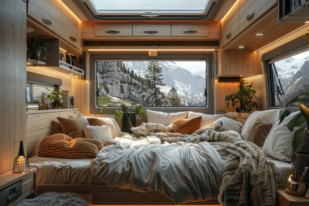 luxury bedroom of camper van. camping conceptの素材