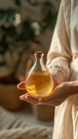 A person is holding a bottle of lotion in their hand. skincare and cosmetic concept.の素材