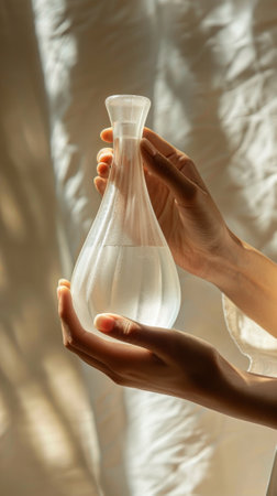 A person is holding a bottle of lotion in their hand. skincare and cosmetic concept.の素材