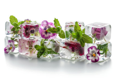 A close up of a table with a bunch of ice cubes and flowers. edible flowerの素材