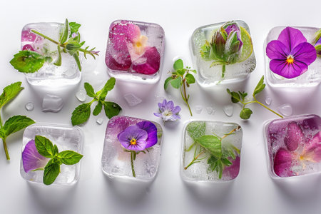 A close up of a table with a bunch of ice cubes and flowers. edible flowerの素材