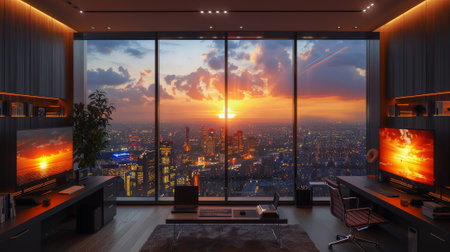 A computer desk with a view of a city and a sunsetの素材