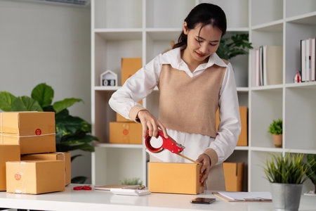Young business entrepreneur sealing a box with tape. Preparing for shipping, Packing, online selling, e-commerce conceptの写真素材
