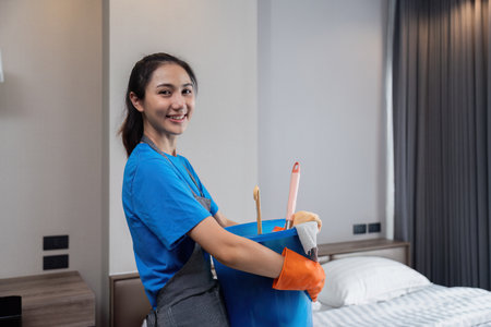 cleaning housekeeper service woma holding bucket with cleaning supplies for customerの写真素材