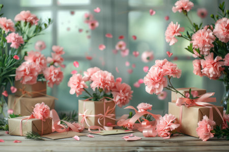 A table with a pink box and pink flowers on it. Birthday conceptの素材