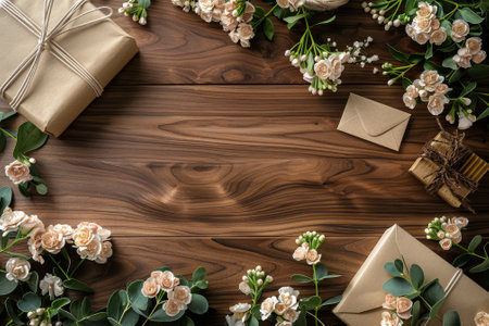 A wooden table with three brown boxes and a vase of pink flowers. Birthday concept.の素材