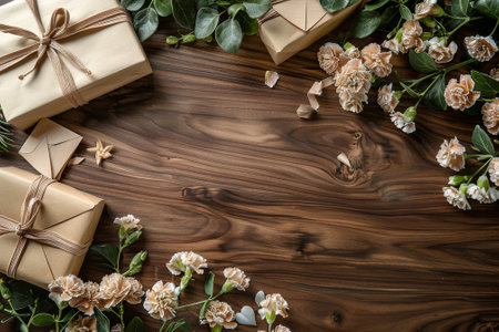 A table with a pink box and pink flowers on it. Birthday conceptの素材