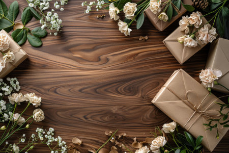 A wooden table with three brown boxes and a vase of pink flowers. Birthday concept.の素材