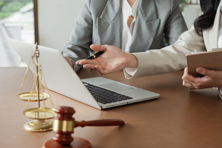 Lawyer and client discuss data on laptop, advise client on business matters on laptopの写真素材