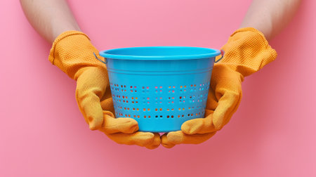 A house keeper in a yellow apron with a pink shirt. maid and house keeperの素材