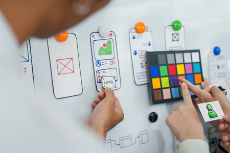 UI designer and UX developer brainstorm idea to design the application interface. Creative digital...