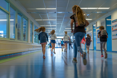 A group of students are running down a hallway with backpacksの素材