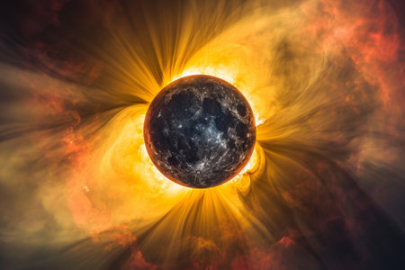 A colorful, swirling galaxy with a large, glowing blue moon in the centerの素材