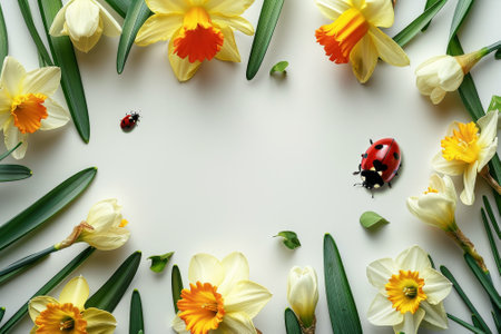 A flower arrangement with a ladybug on itの素材
