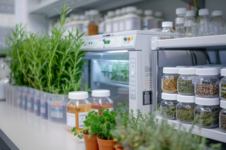 A lab table with several vials of herbs and plantsの素材