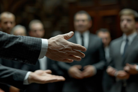 A man with his hand outstretched is surrounded by other men in suitsの素材