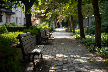 A park with a path lined with trees and benchesの素材