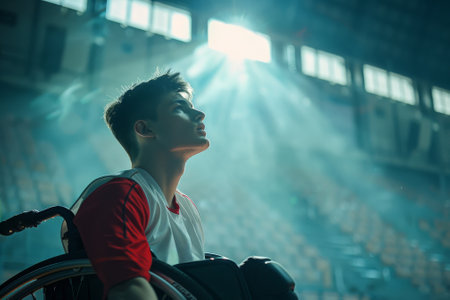 A basketball player in a wheelchair is sitting in a stadiumの素材