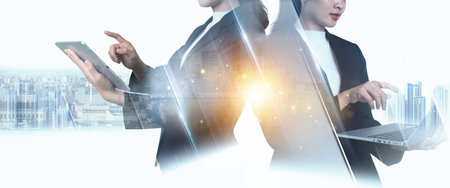 Digital technology, Business network connection, Teamwork, Deal, Partnership, Investment analysis, planning and strategy. Businessman working with digital device on smart cityの写真素材