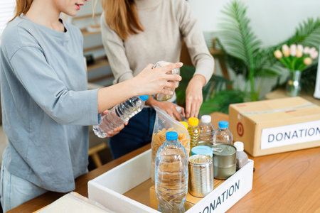 charity, donation and volunteering concept. Volunteer prepare foodstuff box containing food to...