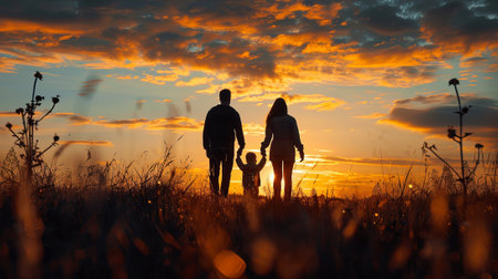 A family of three, a man, a woman and a child, are walking together in a fieldの素材