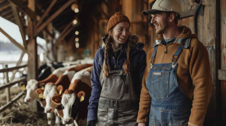 A man and a woman are standing in a barn with cowsの素材