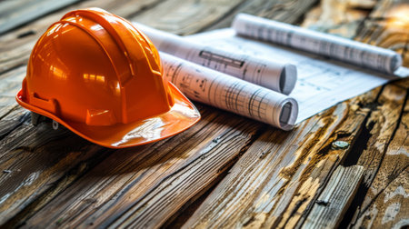 A construction workers helmet sits on top of a stack of blueprintsの素材