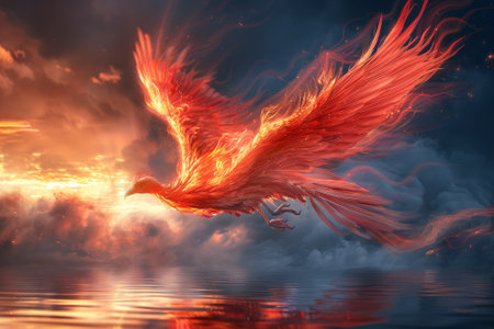 A Phoenix bird is flying over a body of water with a fiery glowの素材