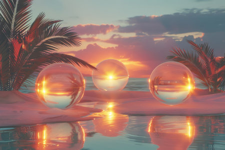 A beach scene with three large glass spheres reflecting the sunの素材