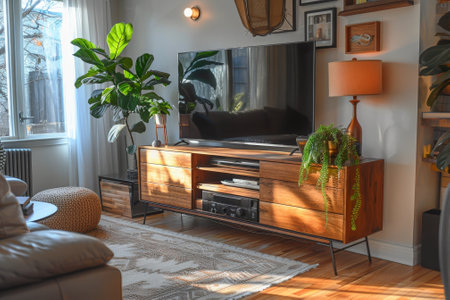 A living room with a wooden entertainment center and a large flat screen TVの素材