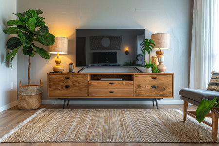 A living room with a large wooden entertainment center, a televisionの素材