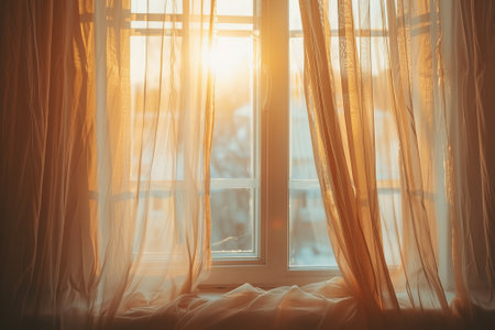 The curtains are open, letting in the sunlightの素材