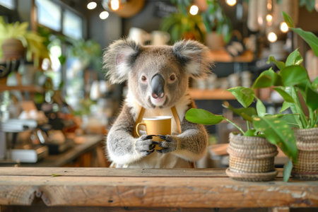 A koala is holding a cup of coffee in a cafeの素材