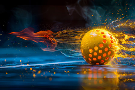 A yellow ball is in the air with a fire behind itの素材