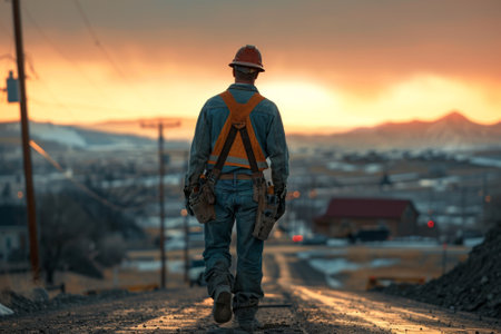 A man in a hard hat walks down a roadの素材