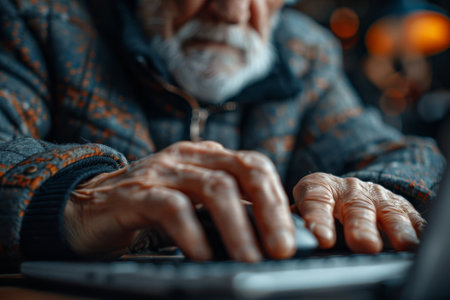 An older man is using a tablet with a finger, and the image has a futuristicの素材