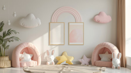 A room with a pink and white theme, featuring a pink and white star, a pinkの素材