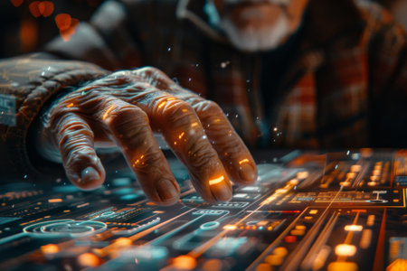 An older man is using a tablet with a finger, and the image has a futuristicの素材