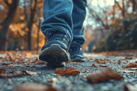 A person is walking through a forest with leaves on the groundの素材