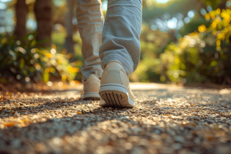 A person is walking through a forest with leaves on the groundの素材