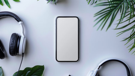 A white cell phone sits on a table next to a pair of headphonesの素材