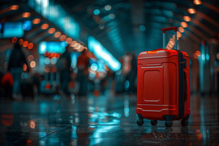 A red suitcase is sitting on the floor in a busy airportの素材