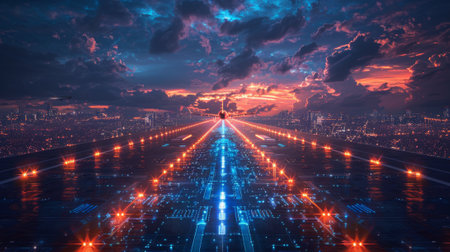 The sky is filled with glowing lights, creating a surrealの素材