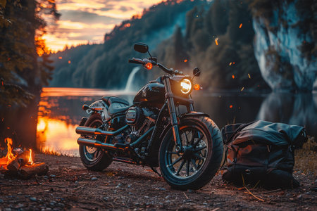 A motorcycle is parked next to a tent by a lakeの素材